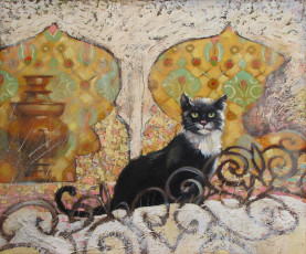 Картинка рисованные животные коты взгляд самовар кошка завитки мозаика узоры марианна калачева