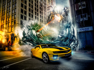 обоя фэнтези, роботы, киборги, механизмы, вода, робот, авто, transformers, camaro, kevin, wang, chevrolet