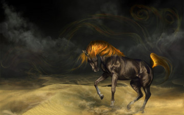 Картинка 3д графика animals животные буря грива песок вороной лошадь