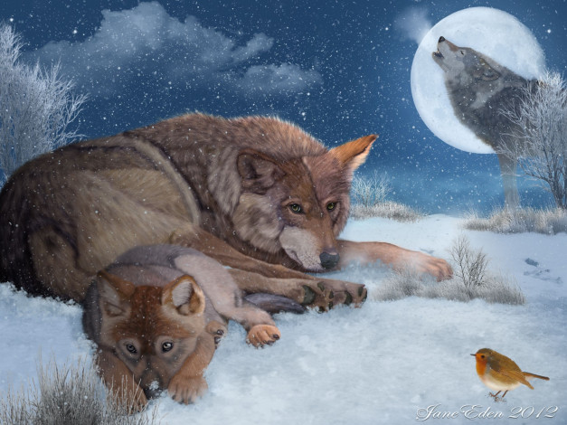 Обои картинки фото рисованные, животные, волки, птичка, снег