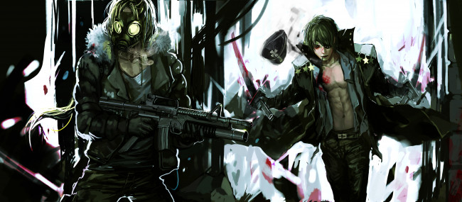 Обои картинки фото аниме, weapon, blood, technology, война, мужчины, маска, оружие, кровь, меч, форма