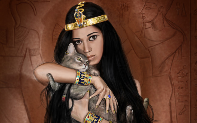 Обои картинки фото рисованные, люди, египтянка, царица, кошка, украшения
