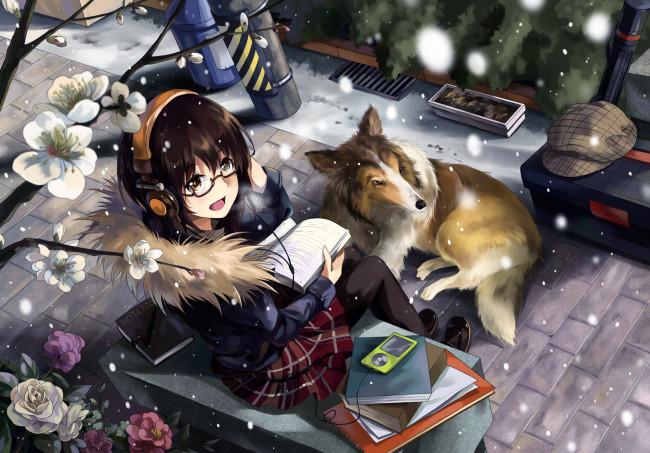 Обои картинки фото аниме, headphones, instrumental, книги, улица, собака, девушка, скамейка, снег, цветы, наушники