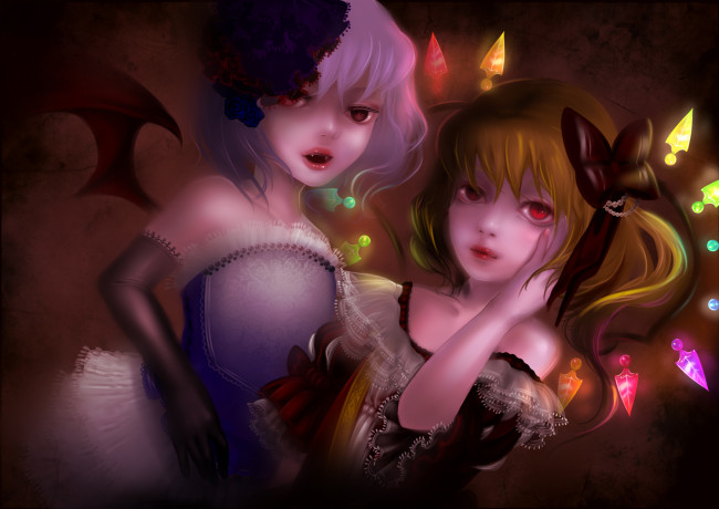 Обои картинки фото аниме, touhou, remilia, scarlet, flandre