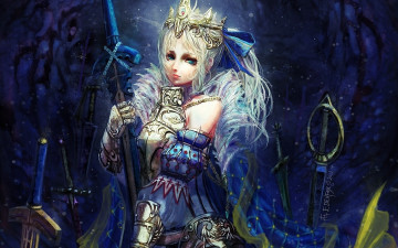 Картинка фэнтези девушки девушка воительница корона амуниция мечи печаль