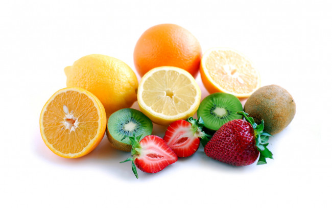 Обои картинки фото еда, фрукты,  ягоды, клубника, лимон, киви, апельсин