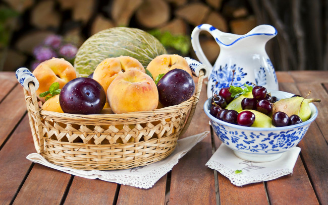 Обои картинки фото еда, фрукты,  ягоды, вишня, слива, персик, дыня