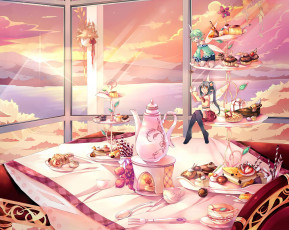 Картинка аниме животные +существа вечер торт закат цветок пейзаж скатерть сладости пирожное кружка чашка солнце чайник море еда дружба ягода пир облака