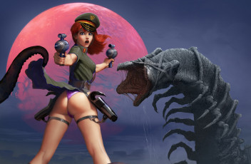 Картинка 3д+графика фантазия+ fantasy взгляд девушка луна существа фон оружие
