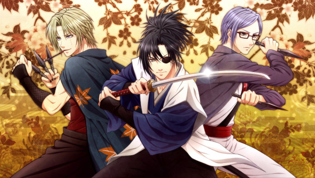 Обои картинки фото аниме, gintama, yagyuu, kyuubei, кинжалы, листья, меч, оружие, парни, sarutobi, ayame, tsukuyo