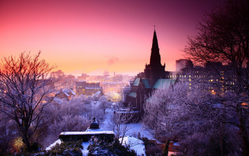 Картинка города -+панорамы вечер огни деревья снег здания дома город зима панорама