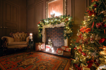 обоя праздничные, новогодний очаг, украшения, кресло, елка, камин