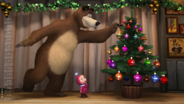 обоя календари, кино,  мультфильмы, 2018, медведь, игрушки, елка, девочка
