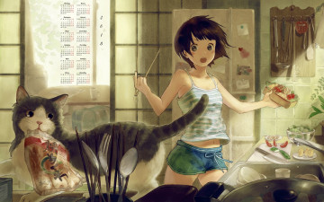 Картинка календари аниме эмоции кот девушка взгляд 2018 кухня