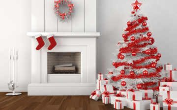 Картинка праздничные новогодний+очаг ленты рождество елки венки украшения звезды носки элементы дизайна цветные шары маленькие подарки подарочные коробки камин