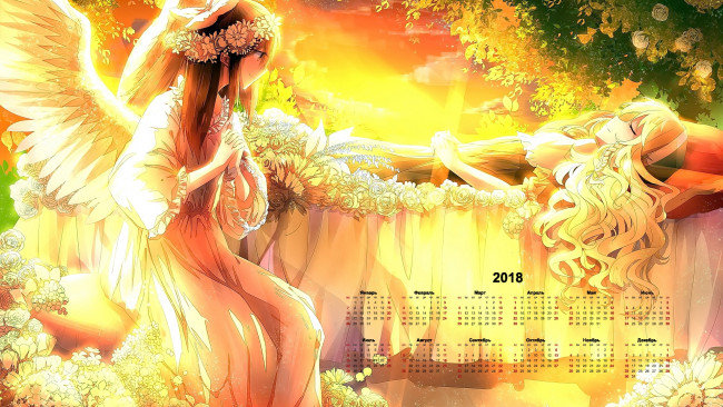 Обои картинки фото календари, аниме, крылья, венок, цветы, 2018, девушка