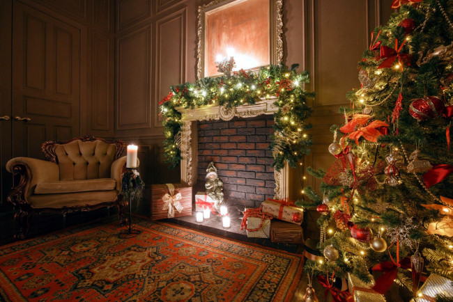 Обои картинки фото праздничные, новогодний очаг, украшения, кресло, елка, камин