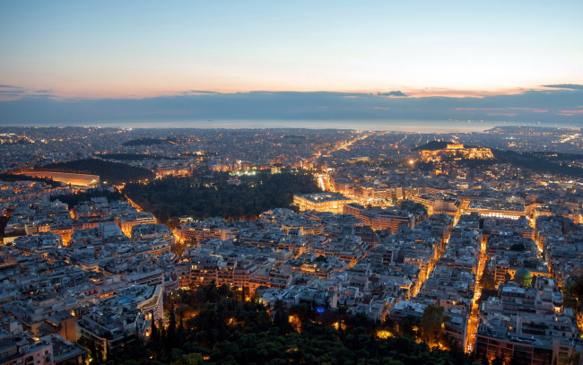 Обои картинки фото города, афины , греция, панорама, ночь, огни