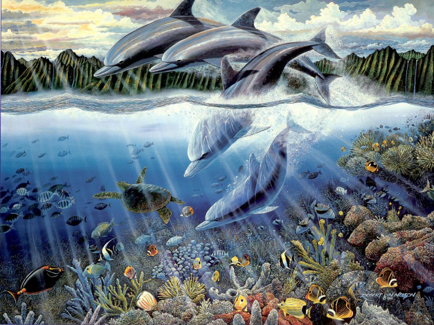 Обои картинки фото рисованные, животные, дельфин, черепаха, рыба