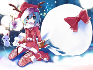 Картинка аниме merry chrismas winter cirno touhou девушка новый+год зима снег костюм мешок подарки шапка бант снеговик рога