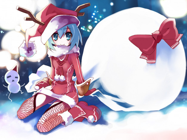 Обои картинки фото аниме, merry, chrismas, winter, cirno, touhou, девушка, новый год, зима, снег, костюм, мешок, подарки, шапка, бант, снеговик, рога