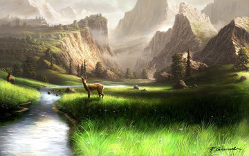 обоя рисованные, животные, олени, природа, горы