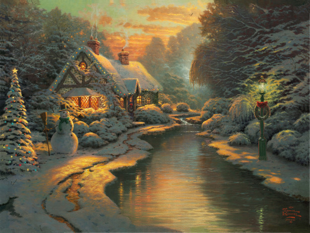 Обои картинки фото thomas, kinkade, рисованные, зима, елка, ёлка, рождество, новый, год, снеговик