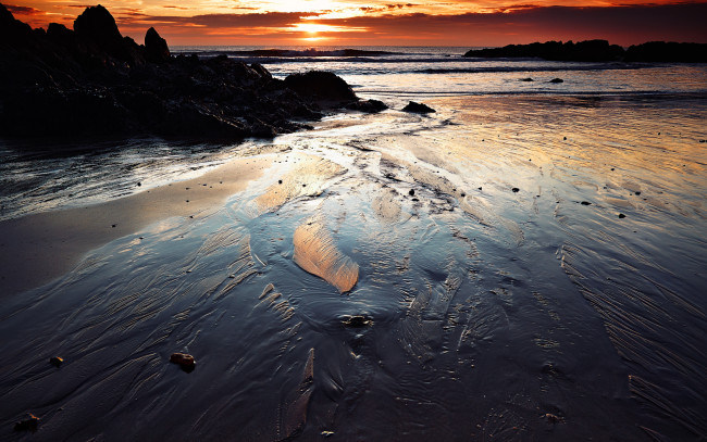 Обои картинки фото природа, побережье, песок, вечер, море, отлив, камни