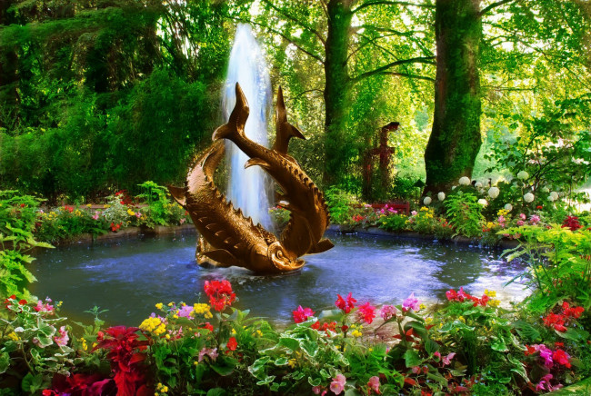Обои картинки фото природа, парк, фонтан, деревья, цветы