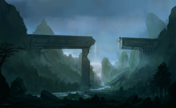 Картинка фэнтези пейзажи горы долина мост деревья разрушенный река