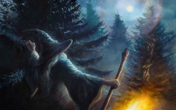 Картинка фэнтези маги +волшебники волшебник гендольф гномы ели лес огонь