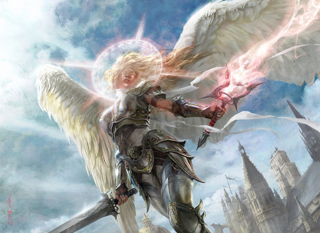 Обои картинки фото фэнтези, ангелы, ангел, доспехи, меч, крылья, замок