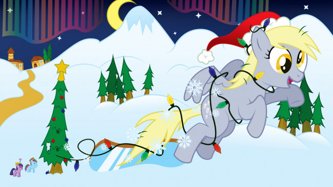 Обои картинки фото мультфильмы, my little pony, пони, снег, елки