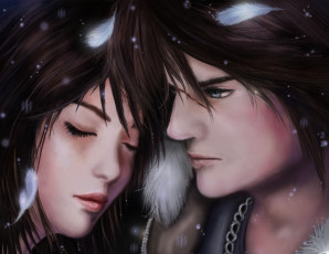 Картинка фэнтези люди перья закрытые глаза лица девушка парень rinoa squall final fantasy viii