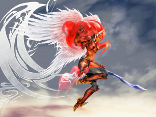 Картинка фэнтези ангелы небо меч оружие доспехи красные волосы крылья валькирия фантастика