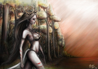 Картинка фэнтези существа небо вода деревья лес взгляд длинные волосы рога девушка дриада dryad