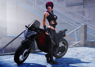 обоя мотоциклы, 3d, взгляд, девушка, мотоцикл, фон