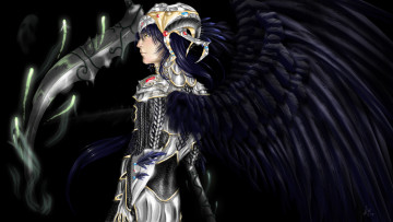 Картинка фэнтези ангелы черные крылья темный ангел взгляд профиль доспехи броня
