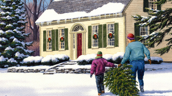 Обои картинки фото праздничные, рисованные, семья, ёлка, снег, зима, дом, подготовка