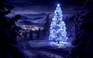 обоя праздничные, Ёлки, рождество, новый, год, природа, пейзаж, зима, деревья, дома, огни, горы, долина, ночь, снег
