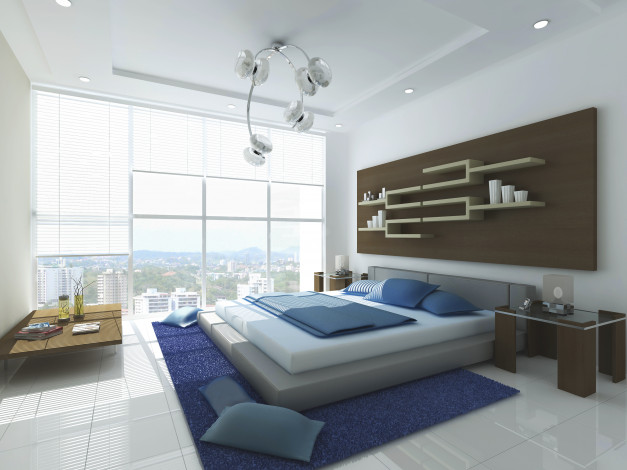 Обои картинки фото 3д графика, реализм , realism, полки, окно, кровать, подушки, стол, интерьер
