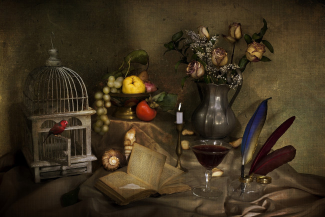 Обои картинки фото еда, натюрморт, перья, текстура, свеча, айва, хурма, гранат, ракушка, букет, розы, фрукты, виноград, книга, бокал, вино, клетка, птица