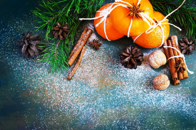 Обои картинки фото праздничные, угощения, ветка, ёлка, снег, орехи, корица, шишки, ваниль, апельсины