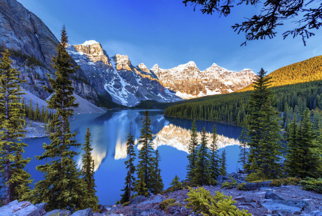 Обои картинки фото природа, реки, озера, деревья, горы, пейзаж, красота, озеро, снег