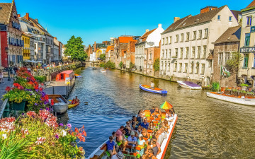 обоя города, гент , бельгия, канал, цветы, лодки