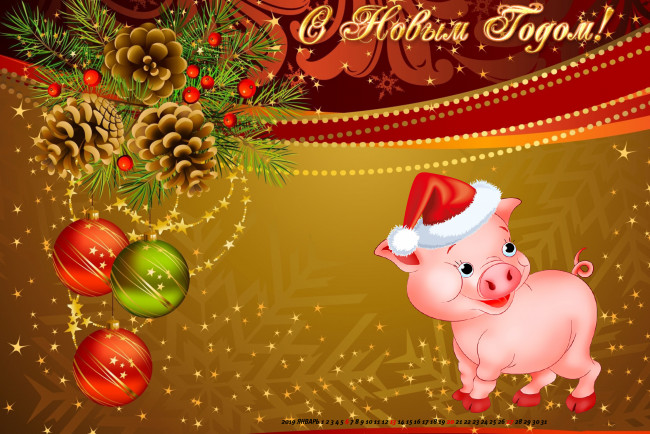 Обои картинки фото календари, праздники,  салюты, шар, шишка, игрушка, свинья, поросенок, фон