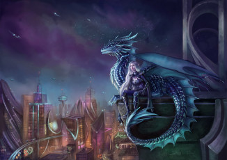 Картинка фэнтези красавицы+и+чудовища девушка фон дракон город униформа