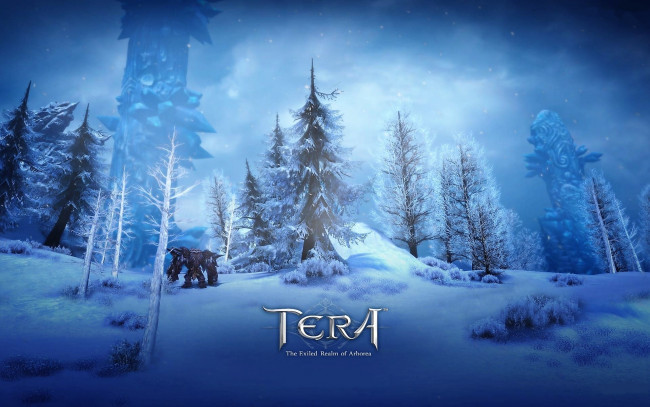 Обои картинки фото видео игры, tera,  the exiled realm of arborea, лес, зима, снег, существо, башня