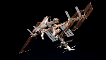 Картинка космос космические корабли станции чёрный фон пространство станция шатл солнечные батареи панели
