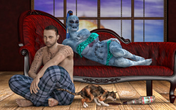 Картинка 3д графика creatures существа кот диван мужчина